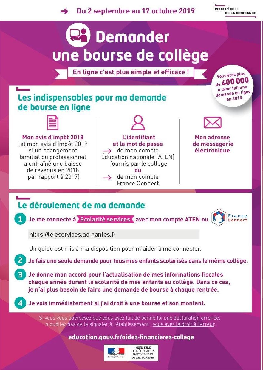 Bourse de collège : du 2 septembre au 17 octobre 2019