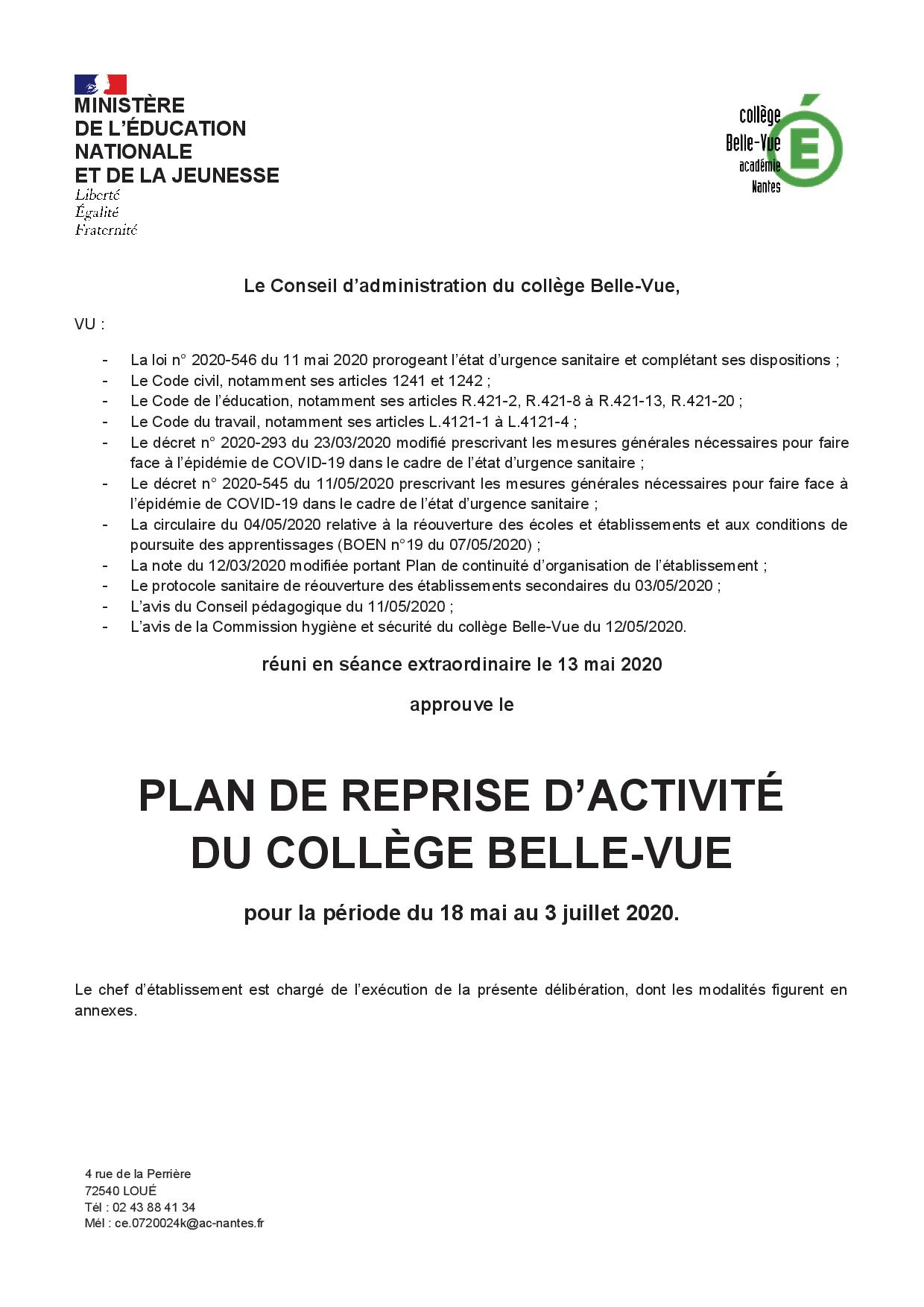 PLAN DE REPRISE D’ACTIVITE DU COLLEGE