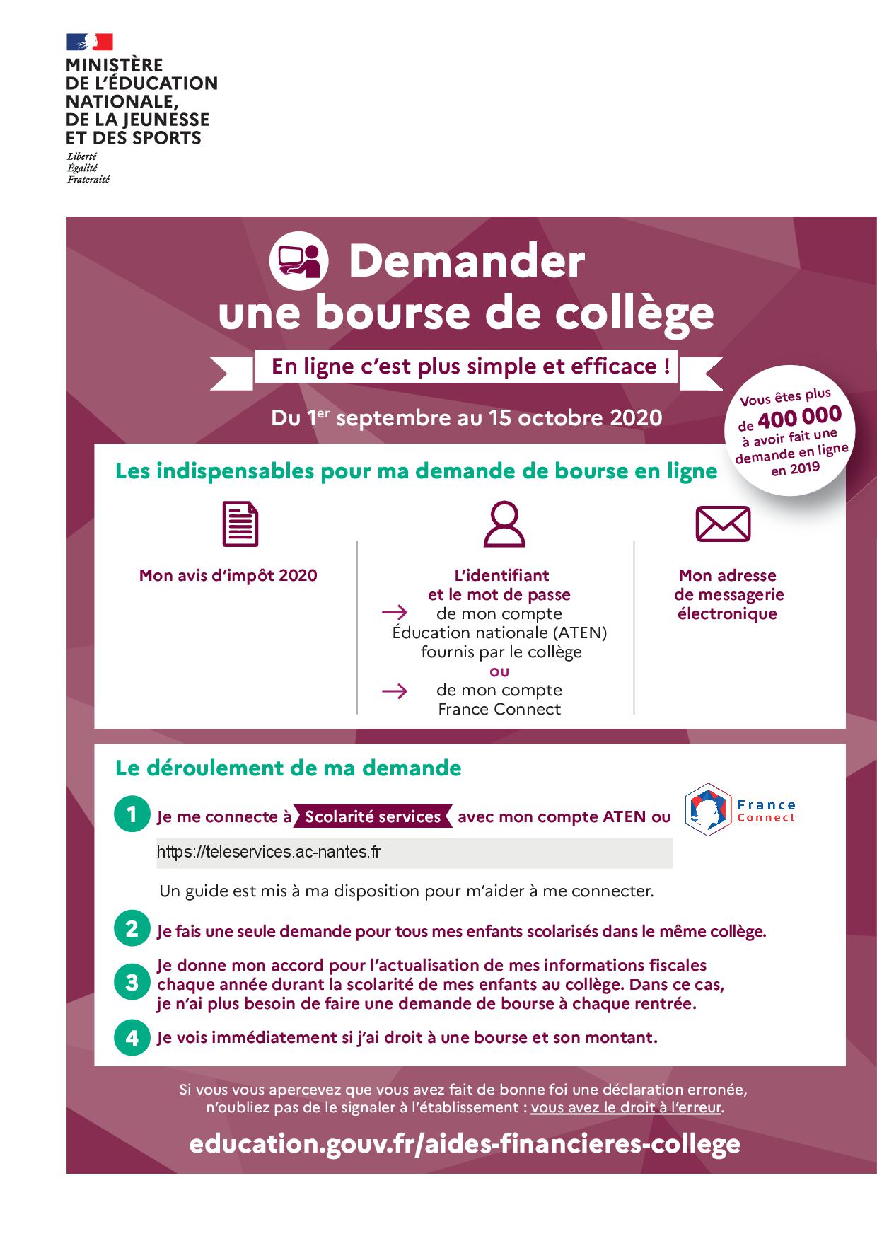 Bourse de collège: du 1er septembre au 15 octobre 2020