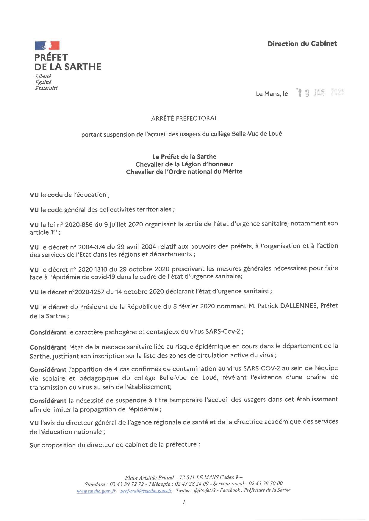 Arrêté préfectoral de fermeture du collège du 20 au 26/01/2021