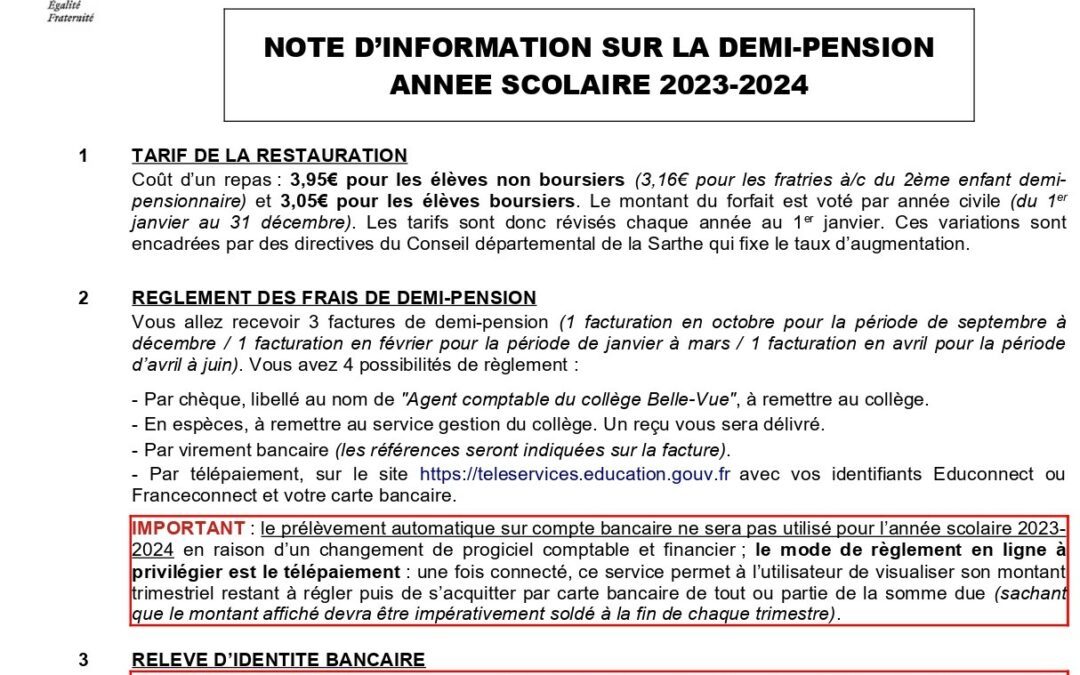 Information demi-pension 2023-2024